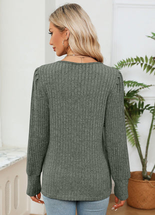 Lace Detail V - Neck Ribbed Blouse - MimiStylez