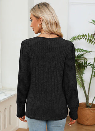 Lace Detail V - Neck Ribbed Blouse - MimiStylez