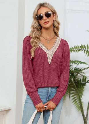 Lace Detail V - Neck Ribbed Blouse - MimiStylez