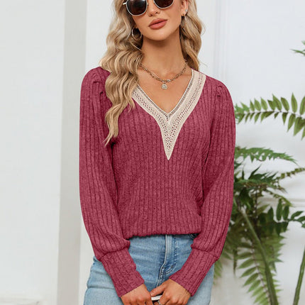 Lace Detail V - Neck Ribbed Blouse - MimiStylez