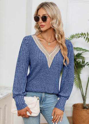 Lace Detail V - Neck Ribbed Blouse - MimiStylez