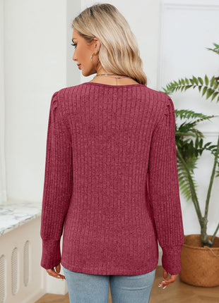 Lace Detail V - Neck Ribbed Blouse - MimiStylez