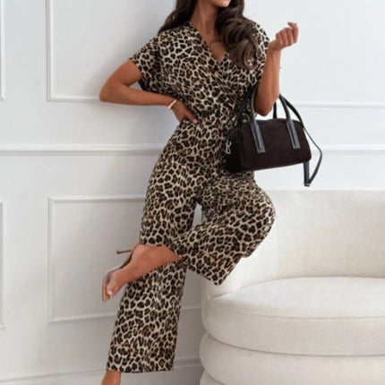 Leopard Print Short Sleeve Wide Leg Jumpsuit - MimiStylez
