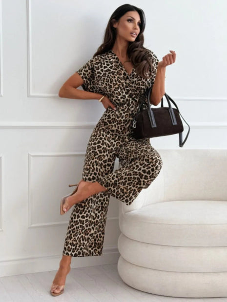 Leopard Print Short Sleeve Wide Leg Jumpsuit - MimiStylez