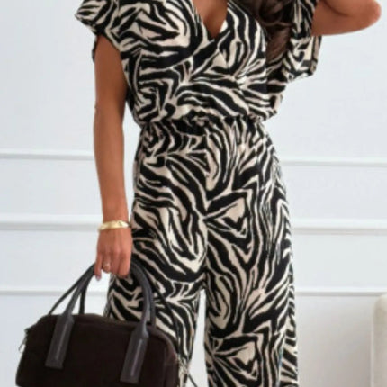 Leopard Print Short Sleeve Wide Leg Jumpsuit - MimiStylez
