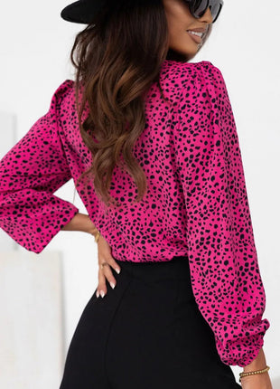 Leopard Round Neck Balloon Sleeve Blouse - MimiStylez