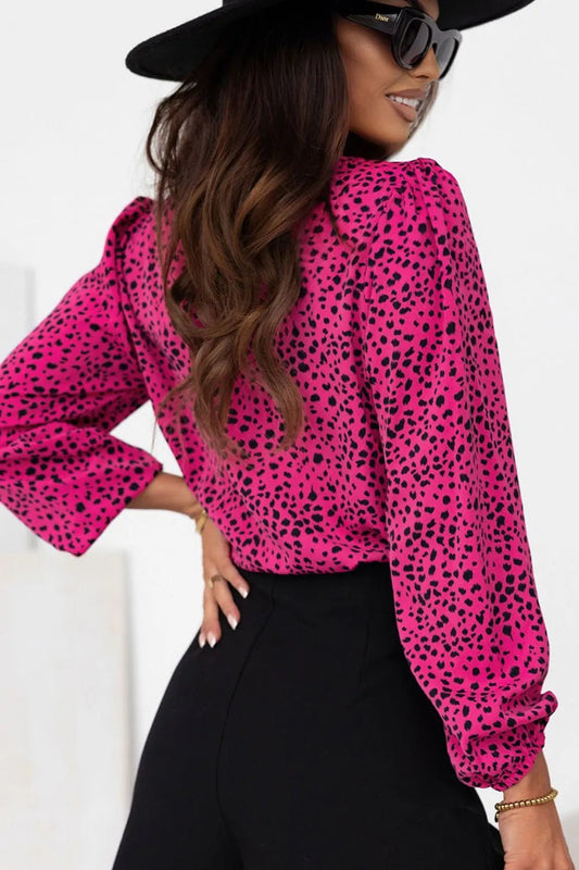 Leopard Round Neck Balloon Sleeve Blouse - MimiStylez
