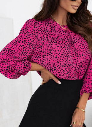 Leopard Round Neck Balloon Sleeve Blouse - MimiStylez