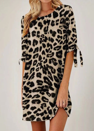 Leopard Round Neck Half Sleeve Dress - MimiStylez