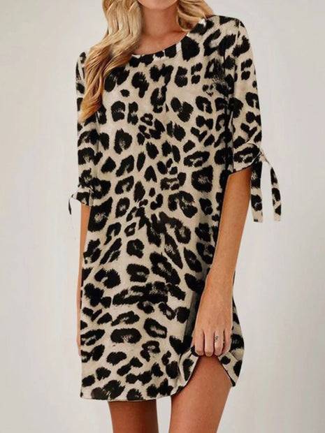 Leopard Round Neck Half Sleeve Dress - MimiStylez