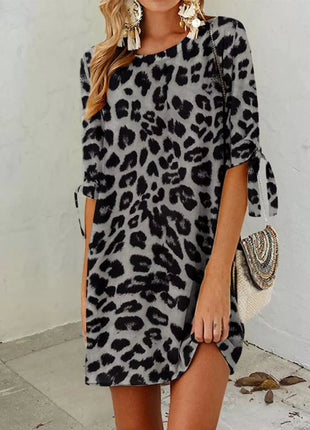 Leopard Round Neck Half Sleeve Dress - MimiStylez
