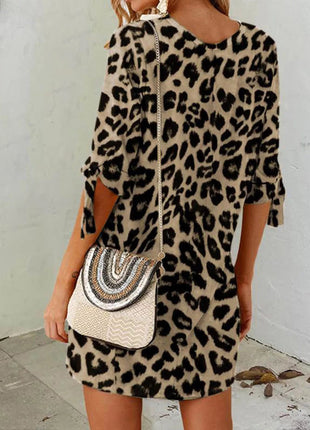 Leopard Round Neck Half Sleeve Dress - MimiStylez