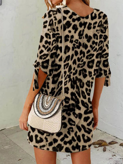 Leopard Round Neck Half Sleeve Dress - MimiStylez