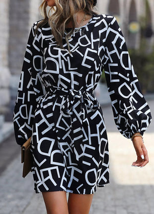 Letter Print Balloon Sleeve Dress - MimiStylez