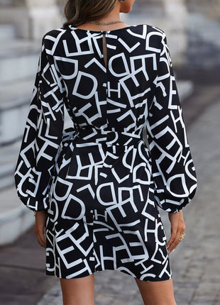 Letter Print Balloon Sleeve Dress - MimiStylez