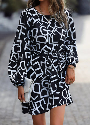 Letter Print Balloon Sleeve Dress - MimiStylez