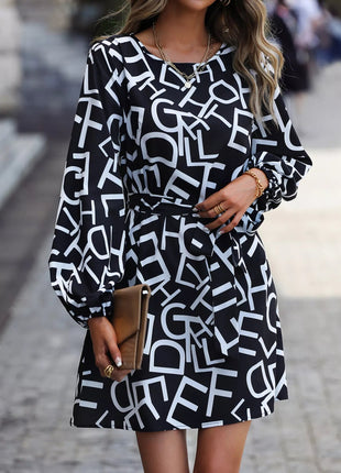 Letter Print Balloon Sleeve Dress - MimiStylez