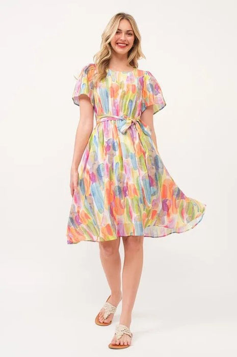 Lime 'N' Chili Watercolor Print Tie Front Midi Dress - MimiStylez