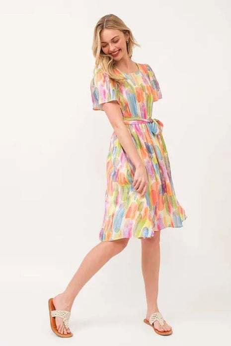 Lime 'N' Chili Watercolor Print Tie Front Midi Dress - MimiStylez