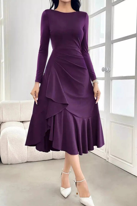 Long Sleeve Ruched Midi Dress with Asymmetrical Ruffle Hem - MimiStylez