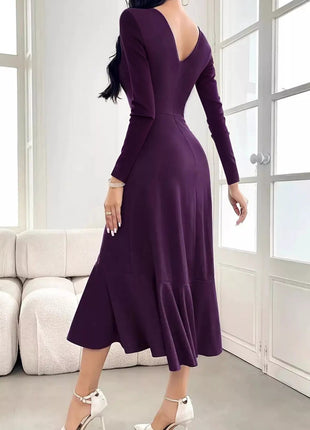 Long Sleeve Ruched Midi Dress with Asymmetrical Ruffle Hem - MimiStylez