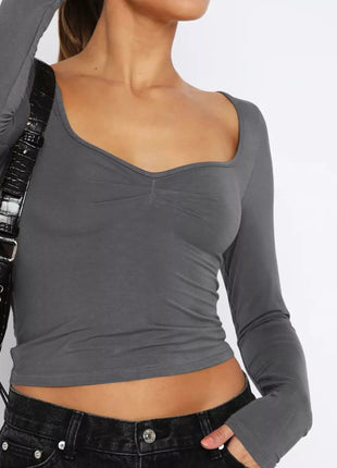 Long Sleeve Sweetheart Neck Crop T-Shirt - MimiStylez