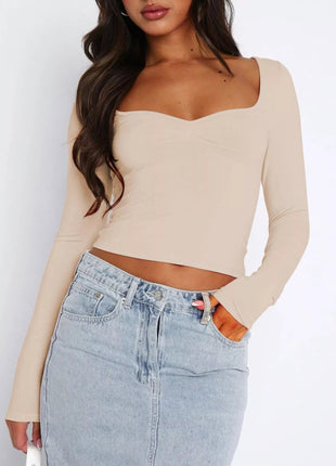 Long Sleeve Sweetheart Neck Crop T-Shirt - MimiStylez