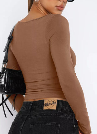 Long Sleeve Sweetheart Neck Crop T-Shirt - MimiStylez