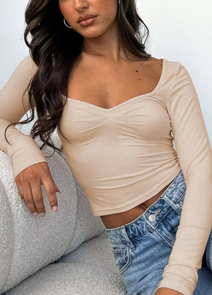 Long Sleeve Sweetheart Neck Crop T-Shirt - MimiStylez