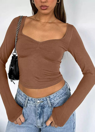 Long Sleeve Sweetheart Neck Crop T-Shirt - MimiStylez