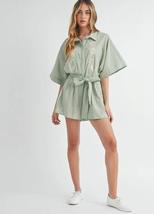MABLE Embroidered Button Down Collared Neck Romper - MimiStylez