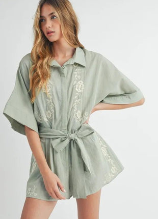 MABLE Embroidered Button Down Collared Neck Romper - MimiStylez