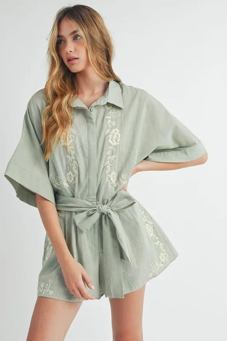 MABLE Embroidered Button Down Collared Neck Romper - MimiStylez