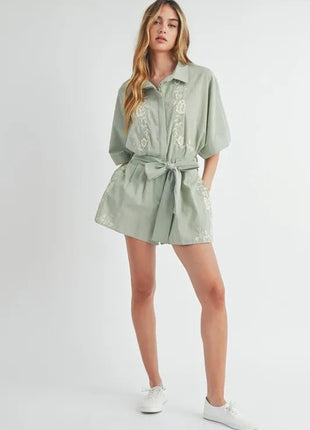 MABLE Embroidered Button Down Collared Neck Romper - MimiStylez