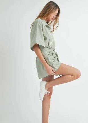 MABLE Embroidered Button Down Collared Neck Romper - MimiStylez