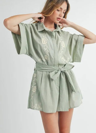 MABLE Embroidered Button Down Collared Neck Romper - MimiStylez