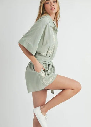 MABLE Embroidered Button Down Collared Neck Romper - MimiStylez