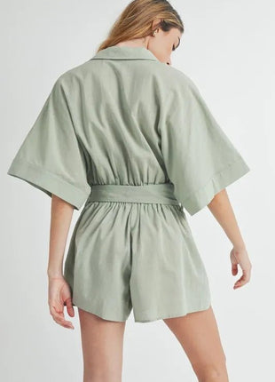 MABLE Embroidered Button Down Collared Neck Romper - MimiStylez