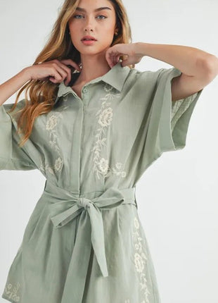 MABLE Embroidered Button Down Collared Neck Romper - MimiStylez