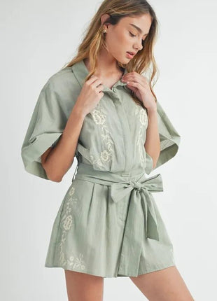 MABLE Embroidered Button Down Collared Neck Romper - MimiStylez