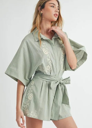 MABLE Embroidered Button Down Collared Neck Romper - MimiStylez