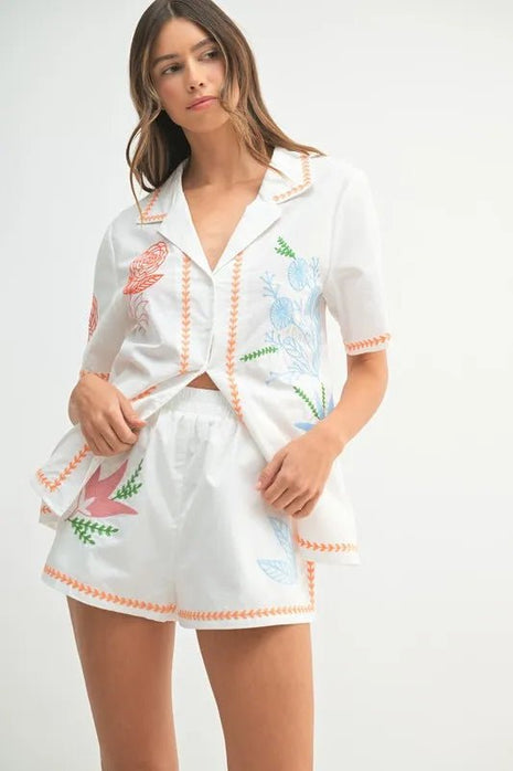 MABLE Embroidered Button Down Shirt and Shorts Set - MimiStylez