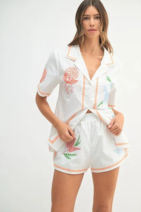 MABLE Embroidered Button Down Shirt and Shorts Set - MimiStylez