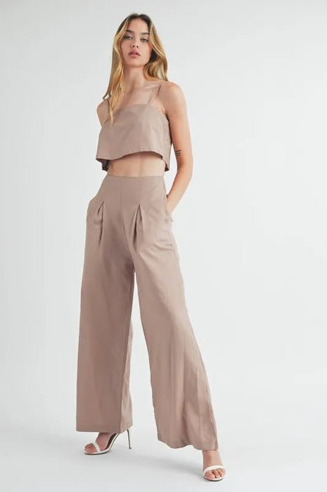 MABLE Linen Mix Crop Cami and Wide Leg Pants Set - MimiStylez