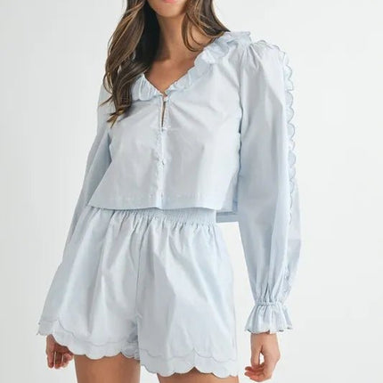MABLE Long Sleeve Scallop Blouse and Shorts Set - MimiStylez