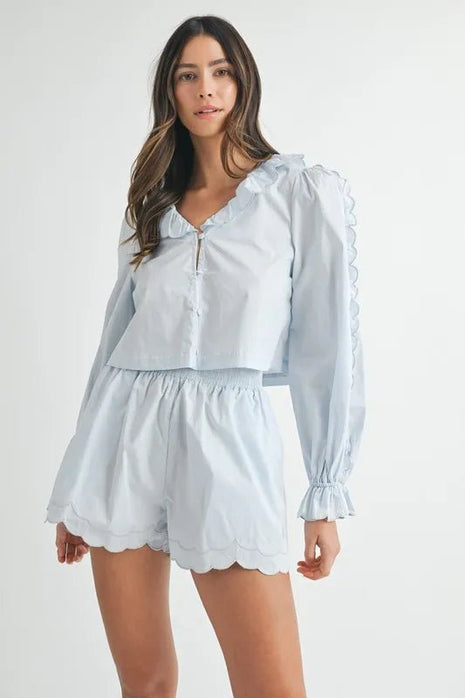 MABLE Long Sleeve Scallop Blouse and Shorts Set - MimiStylez
