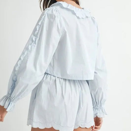 MABLE Long Sleeve Scallop Blouse and Shorts Set - MimiStylez