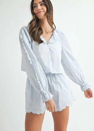 MABLE Long Sleeve Scallop Blouse and Shorts Set - MimiStylez