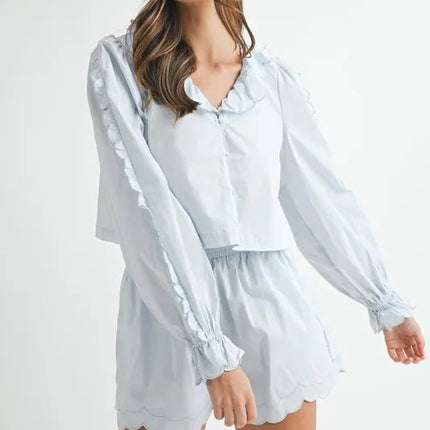 MABLE Long Sleeve Scallop Blouse and Shorts Set - MimiStylez