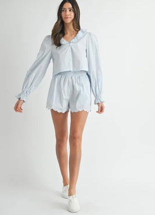 MABLE Long Sleeve Scallop Blouse and Shorts Set - MimiStylez